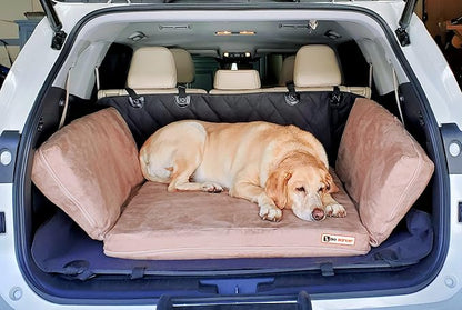 Barker Beds Orthopedic Dog Bed for SUV (Medium, Khaki) - Memory Foam Travel Mattress for Medium Dogs - Machine Washable Cover & Headrest - Joint Support - Made in USA