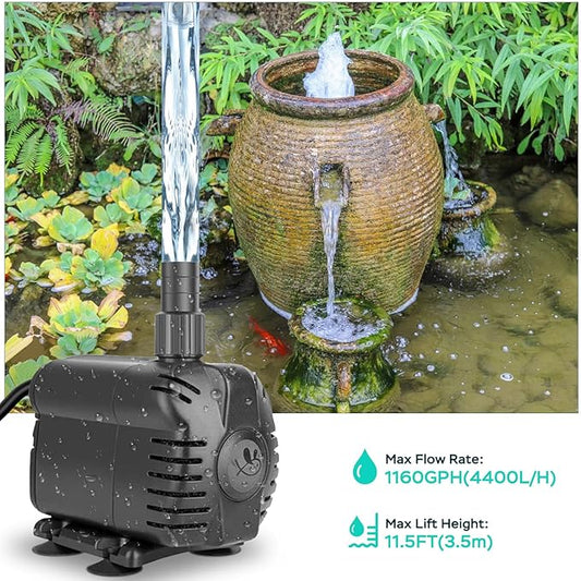 AquaMiracle 1160GPH Submersible Water Pump with 11.5ft High Lift, Pond Pump Aquarium Pumps for Fish Tank, Fountain, Waterfall, Statuary, Water feature, Hydroponics