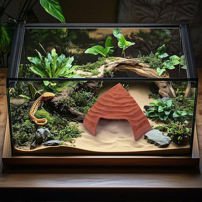 Corner Reptile Cave - Natural-Look Hide for Lizards, Snakes, Bearded Dragons, Turtles, and Tortoises - Durable Habitat Decor - Terracotta
