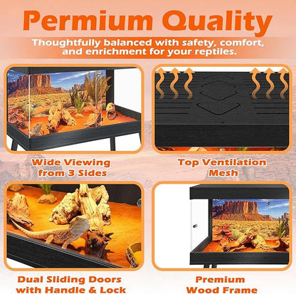 Royxen Bearded Dragon Tank with Metal Mesh Top and Leg Stand,Tempered Glass Reptile Tank,Reptile Enclosure,Lizard Tank for Chameleon,Snake,Lizard Habitat(40inch,Black)