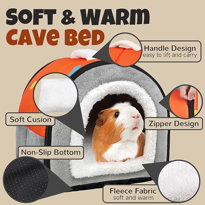 Pet Soft Guinea Pig Hideout, Washable Guinea Pig Bed Cozy Small Animals House Cave Accessories for Rabbits Hamster Rats Chinchilla (Orange)