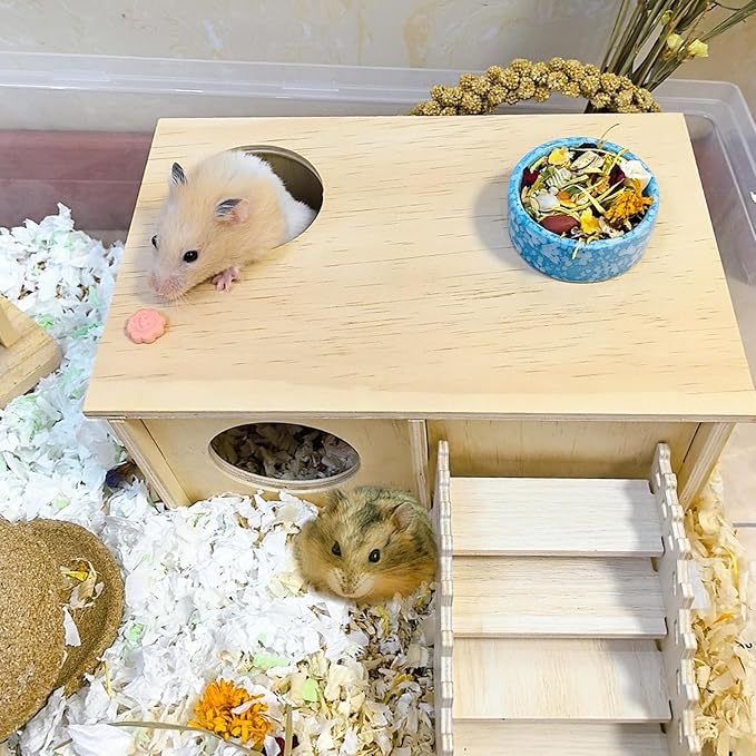 Wooden Hamster Hideout,Hamster House with Ceramic Bowl & Ladder,Small Pets Multi-Chamber Explore Hide Hut Habitats Decor Accessories for Rat,Gerbils, Dwarf Hamsters, Mice