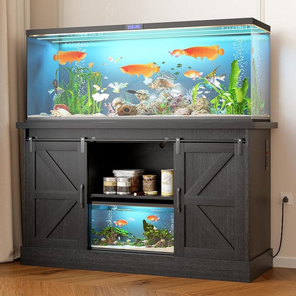 55-75 Gallon Fish Tank Stand with Sliding Barn Doors & Power Outlet, Heavy Duty Aquarium Stand with Cabinet Storage for Fish Tank, Turtle Tank, Reptile Terrarium, 1000LBS Capacity, Black