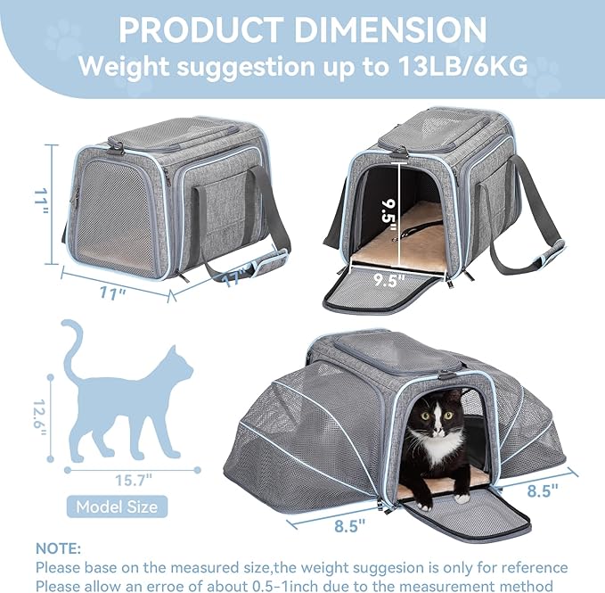 Petsfit Expandable Large Cat Carrier Small Dog Carriers Airline Approved, 17" Lx 11" Wx 11" H Soft-Sided Portable Washable Pet Travel Carrier with 2 Extension for Kittens, Puppies, Rabbits