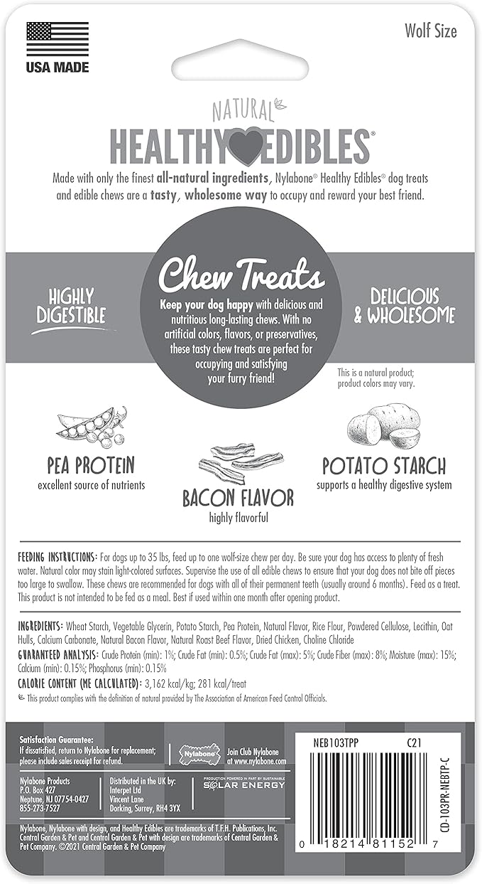 Nylabone Healthy Edibles Natural Dog Chews Long Lasting Bacon Flavor Treats for Dogs, Medium/Wolf (2 Count)