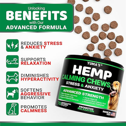 YUMA'S Advanced Calming Chews for Dogs - Hemp Dog Calming Chews - 70 Treats - Anxiety Relief Treats - Hemp Oil - Separation Aid, Stress, Hip and Joint Supplement for Canine Health Support