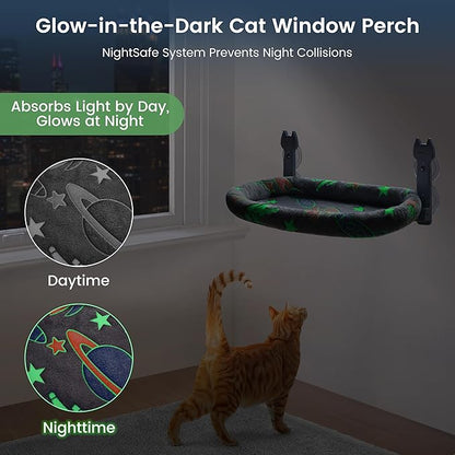 Cat Window Perch, Glow in The Dark Foldable Cat Hammock with Cozy Pad Bed, Breathable Cordless Window Seat with Stud Metal Frame for Large Cats and Kitten (Cushion Perch, Medium)
