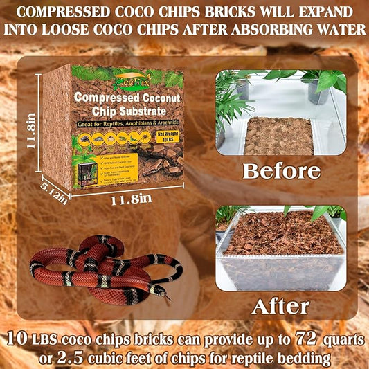 ZeeDix 10LB Coco Fiber Chips Substrate for Reptiles, 72 Quart Coconut Fiber Husk Substrate Mulch Coco Chips Bricks Reptiles Bedding for Geckos, Lizards, Tortoises, Ball Python, Frogs