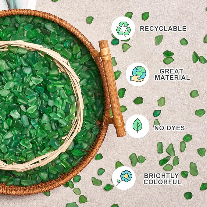 QEQEKAKA Sea Glass Stones for Crafts About 1LB (405g/14.28oz) Green Glass Pebbles Gemstones Bulk for Aquarium Rocks Fish Tank Gravel Green Filler for Vases Centerpieces