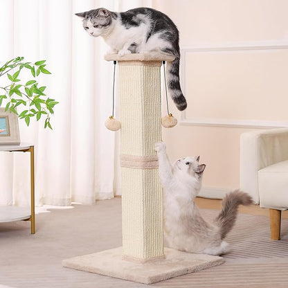Large Cat Scratching Post with Heavy Duty Base 33" Sturdy Square Sisal Scracher Post and 2 Interactive Hanging Balls for Big Cats-Beige
