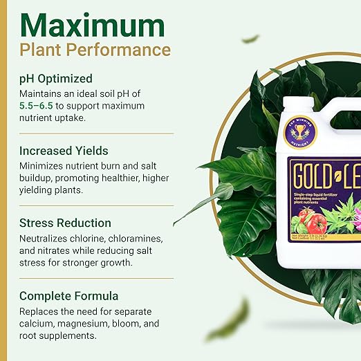 1 Gallon Gold Leaf All-in-One Liquid Fertilizer – pH Balanced, Instantly Dechlorinates, No Additives Needed – for Soil, Hydroponics & Coco – Bigger Blooms, Higher Yields, Complete Plant Nutrition