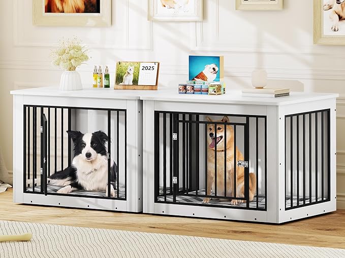 YITAHOME 76 Inch Double Dog Crate Furniture, XXL Dog Crate Furniture for 2 Dogs, Side End Table, Waterproof Top, Safety Corners, 2-in-1 Iron-Wood Fusion Dog Kennel Furniture for 2 Large Dogs,White
