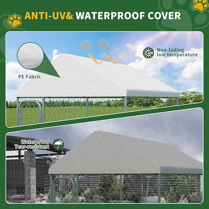 LotFun Large Outdoor Dog Kennel, 10 x 10 FT Heavy Duty Dog Enclosure with Chain Link Fence, UV-Resistant Canopy Cover, Double Lock Security (6 x 6 x 5 in)