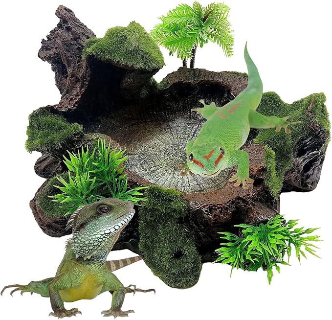 Hamiledyi Reptile Tank Decor Resin Reptile Platform with Artificial Plants Reptile Water Dish Food Bowl Reptile Feeding Dish for Lizard Small Turtle Gecko Water Frog Snake Amphibian Crawling Platform