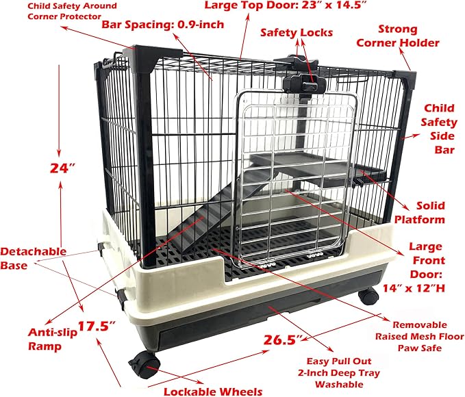 Deluxe 2-Level in/Outdoor Rabbit Hutch Cage for Ferret Squirrel Chinchilla Paw Safe Solid Platform Ramp Mesh Floor Pull Out Leakproof Easy Clean 2-Inch Deep Tray Large Access Doors Lockable Casters