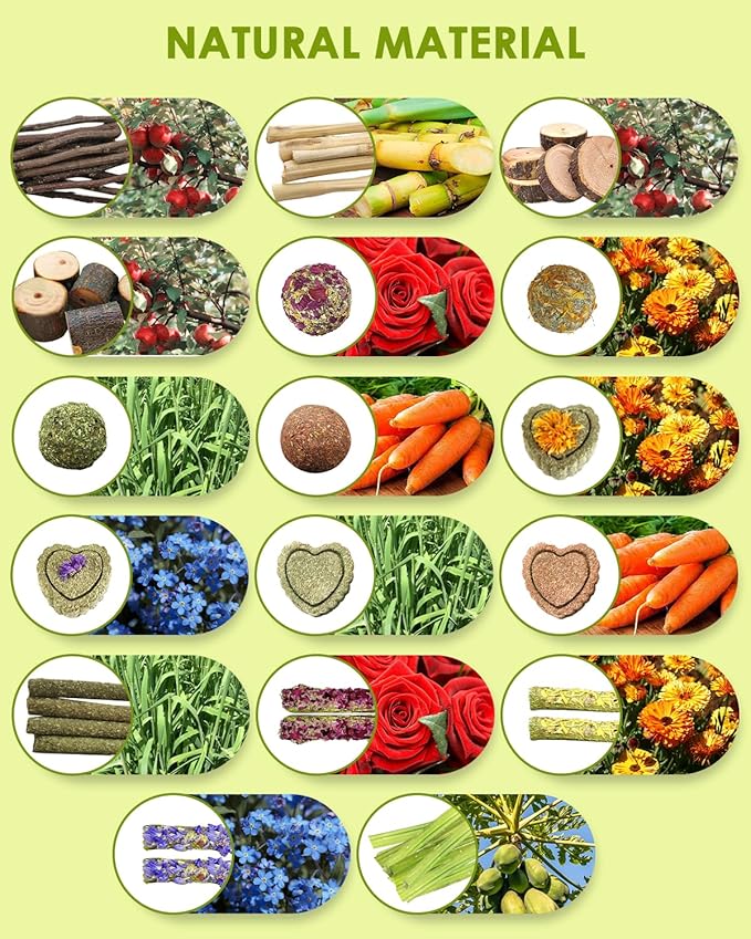 68pcs DIY Rabbit Chew Toys,Rabbit Toy for Bunnies Boredom Bunny Toys for Teeth, Timothy Stick, Apple Sticks, Sweet Bamboo, for Guinea Pig, Hamster, Chinchilla, Rat, Small Animals