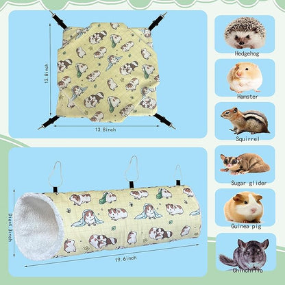 LUCKITTY Small Pet Hammock & Tunnel Set for Ferrets, Guinea Pigs, Rats - Plush Hideout Bed & Cage Toy, 2-Pack, Yellow Guinea Pig Print