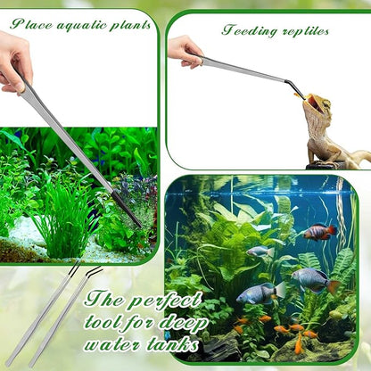 Lasnten 2 Pcs Extra Long Stainless Steel Reptile Feeding Tongs with Rubber Tip Bearded Dragon Aquarium Straight and Curved Long Tweezer Terrarium Feeder Tool for Tank(Silver, 18.5 Inch, 18.9 Inch)