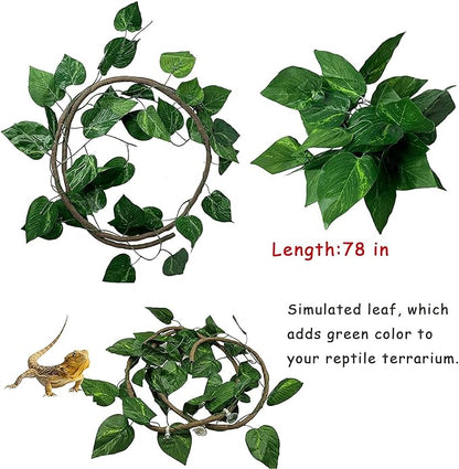 kathson Lizard Coco Den with Ladder, Reptile Hideouts Gecko Coconut Husk Hut with Artificial Bendable Jungle Climbing Vines for Chameleon, Lizards, Gecko, Snakes to Hide Perch and Play