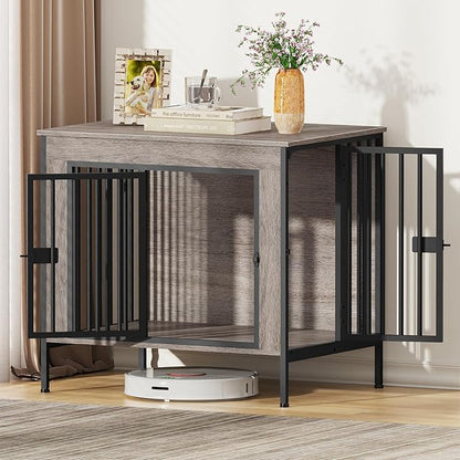 EasyCom Dog Crate Furniture for 1 or 2 Dogs, Heavy Duty Single/Double Dog Crates for Small/Medium/Large Dogs, Dog Kennel Furniture Indoor as TV Stand, Small Size 28.15" L(0-20 Pounds), Oak Grey