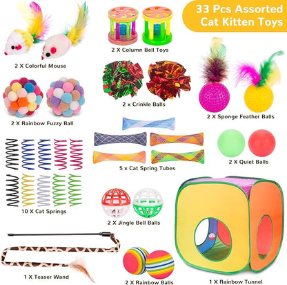 Retro Shaw Cat Toys, 33Pack Large Cats Toys, Interactive Kitten Toys for Indoor Cats Kitty with Collapsible Game Tunnel Tube Tent Feather Wand Teaser Bell Fuzzy Ball Springs Mouse Toys