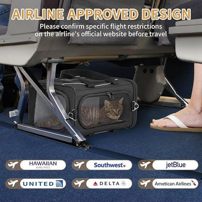 Petsfit Airline Approved Pet Carrier for Small Cats, 15x8x10 TSA Approved Carrier, with Removable Dual-Sided Padding (2-Way Placement) - Fits Under Most Airplane Seats, Escape Proof (Black)