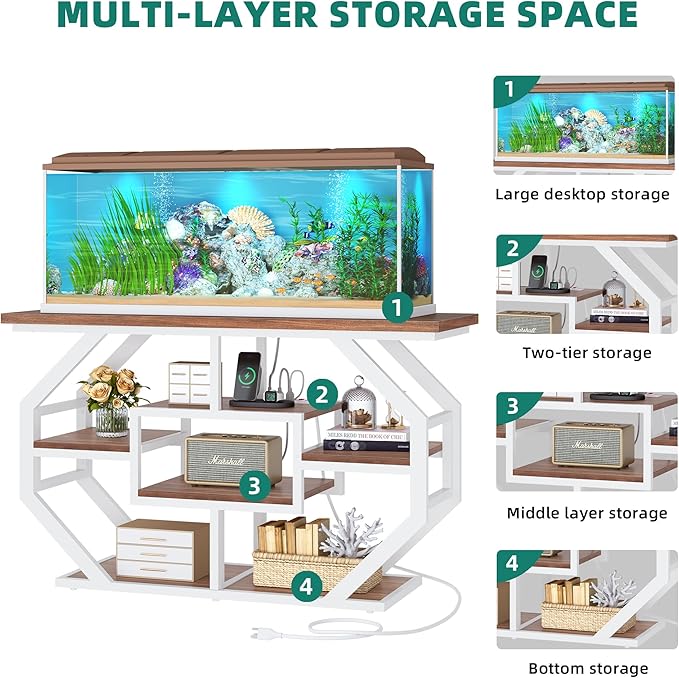 YITAHOME Heavy Duty 55-75 Gallon Fish Tank Stand with Power Outlet, Marble Aquarium Stand for Fish, Turtle, Reptile Terrarium, Shelves for Fish Tank Accessories Storage, 860LBS Capacity, White & Walnut