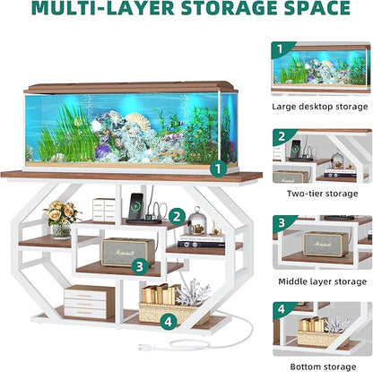 YITAHOME Heavy Duty 55-75 Gallon Fish Tank Stand with Power Outlet, Marble Aquarium Stand for Fish, Turtle, Reptile Terrarium, Shelves for Fish Tank Accessories Storage, 860LBS Capacity, White & Walnut