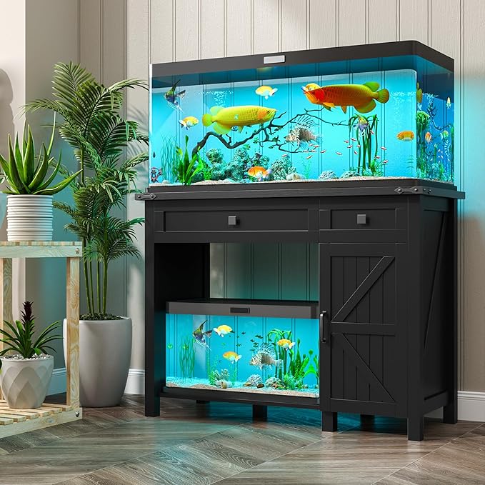 40 Gallon Fish Tank Stand with Power Outlets, Farmhouse Decorative Aquarium Stand Furniture with Adjustable Shelves and Drawer, Reptile Turtle Tank Stand with Cabinet Storage (Black, 30-40GL)
