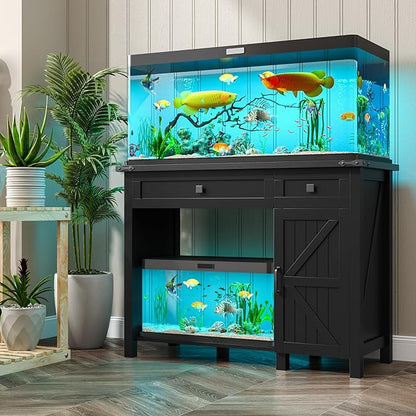 40 Gallon Fish Tank Stand with Power Outlets, Farmhouse Decorative Aquarium Stand Furniture with Adjustable Shelves and Drawer, Reptile Turtle Tank Stand with Cabinet Storage (Black, 30-40GL)