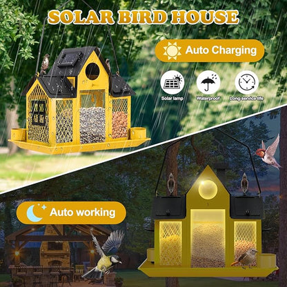 Solar Bird Feeders House for Outside Hanging, Metal Wild Bird Feeder for Outdoors Large Capacity Cardinal Birdfeeder Birdhouses Metal Bird Feeding Station Yellow