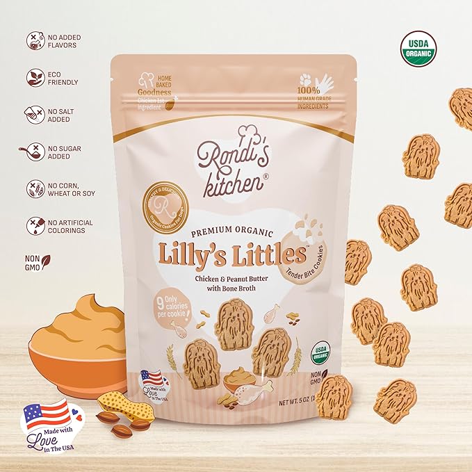 Rondi's Kitchen Lilly's Littles All-Natural & Organic Healthy Soft Dog Treats, Healthy Snacks for Small Dogs, Puppies, and Seniors, Tender Bite Cookies, Human Grade - Chicken & Peanut Butter