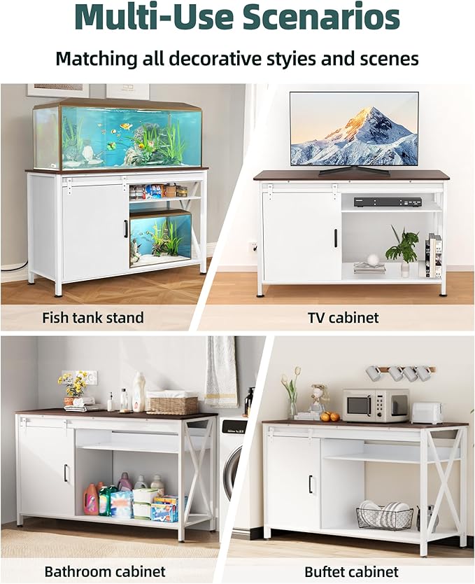 Aquarium Stand for Fish Tank: 55-75 Gallon Fish Tank Stand with Sliding Door - Heavy Duty Metal Aquarium Table with Power Outlet - 2-Tier Breeder Reptile Terrarium Stand for Home & Office(White)