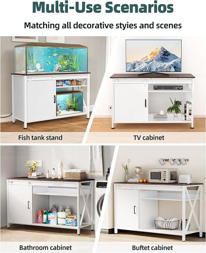 Aquarium Stand for Fish Tank: 55-75 Gallon Fish Tank Stand with Sliding Door - Heavy Duty Metal Aquarium Table with Power Outlet - 2-Tier Breeder Reptile Terrarium Stand for Home & Office(White)