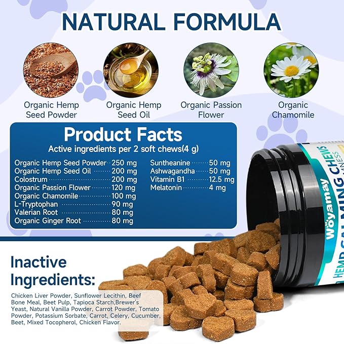 Hemp Calming Chews for Dogs, 200 Treats Dog Calming Chews for Anxiety & Stress Relief, Anxiety Relief Treats for Dogs with Hemp Oil, Melatonin Dog Calm Treats for Stress|Sleep|Separation