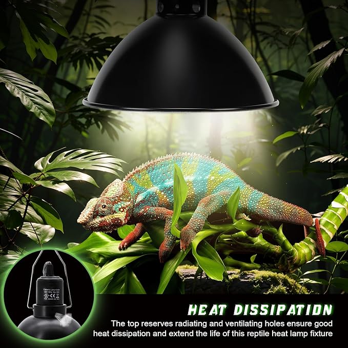 Reptile Light Fixture with Dimming Switch and Timer, 8.5 Inch Deep Dome Reptile Heat Lamp Fixture, Reptile Lamp Fixture Cap for UVB Bulb Basking Heat Bulb for Reptile Glass Terrariums, 2PCS
