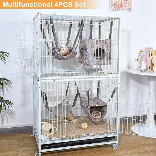 Glittme Ferret Hammock 4 Pack Ferrets Cage Accessories Washable Rat Hammock on Ferrets Cage Soft Guinea Pig hammocks for Rat, Sugar Glider, Squirrel, Guinea Pig