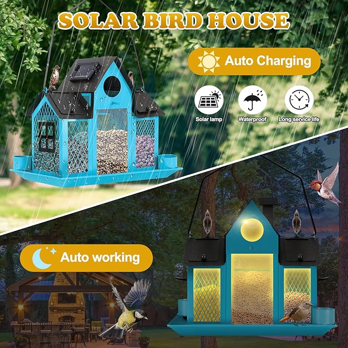 Solar Bird Feeders House for Outside Hanging, Metal Wild Bird Feeder for Outdoors Large Capacity Cardinal Birdfeeder Birdhouses Metal Bird Feeding Station Blue