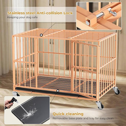 48 in Orange Heavy Duty Dog Crate Steel Escape Proof, Indoor Double Doors and Lockable Wheels,Removable Tray, for Medium and Large Large Dog Breeds,XL,XXL