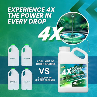 1 Gallon 4X Pond Cleaner - Treats Like 4 Gallons & Covers 4 Acres - Pond Cleaner for Outdoor Ponds, Pond Muck and Sludge Remover for a Clean, Natural Look, Ideal Pond Clarifier for Outdoor Ponds