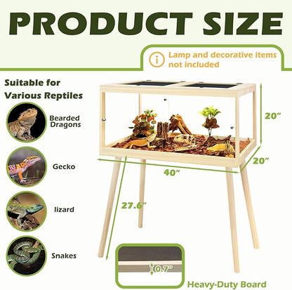 PROLEE Bearded Dragon Tank with Leg,Tempered Glass Lizard Tanks and Reptile Enclosure,Up to 78 Gallon Reptile Tank with Metal Mesh and Lockable Door for Snakes,Chameleon (Oak, 60Gallons,40inch)