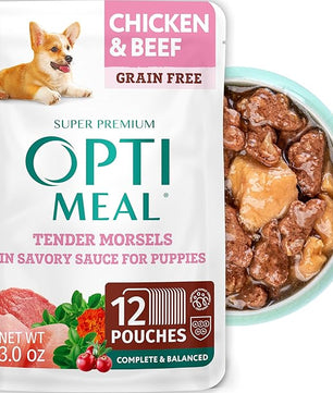 Optimeal Wet Dog Food Pouches - Puppy Grain Free Chicken & Beef Recipe, High Protein, Tender Morsels in Savory Sauce, Made with Natural Ingredients for Puppies, Premium Nutrition - 3 oz, Pack of 12