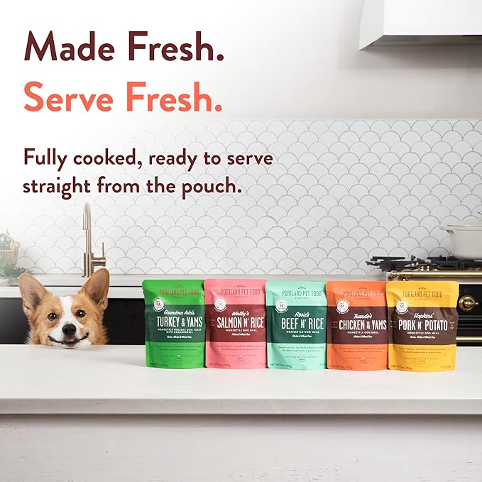 Portland Pet Food Company Tuxedo’s Chicken & Yams Fresh Dog Food Pouches - Human-Grade, Gluten-Free Wet Pet Meal Topper & Mix-Ins - Small & Large Breed Puppy & Senior Dogs - Made in The USA - 5 Pack