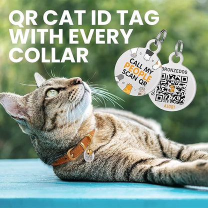 BRONZEDOG Leather Cat Collar with Removable Bells Non Breakaway Kitten QR Tag for Girl Boy (9" - 12" Cats/Mini Dogs, Turquoise & Silver)
