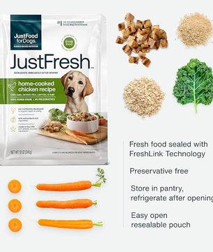 JustFoodForDogs JustFresh Home-Cooked Chicken Dog Food with No Preservatives, Resealable Packaging, Human Grade Wet Dog Food, 12 oz - 7 Pack