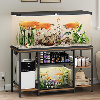55-75 Gallon Fish Tank Stand with Power Outlet, 3-Tier Metal Frame Aquarium Stand, Heavy Duty Reptile Terrarium Tank Stand, 52.0"L x 19.7"W x 29.9"H, 800 LBS Capacity, Rustic Brown FTHR55E01