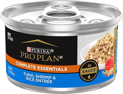 Purina Pro Plan Gravy, High Protein Wet Cat Food, COMPLETE ESSENTIALS Tuna, Shrimp & Rice Entree in Sauce - (Pack of 24) 3 oz. Pull-Top Cans