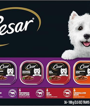 Cesar Wet Dog Food Classic Loaf in Sauce Grilled Chicken, Filet Mignon, Porterhouse Steak, Beef, Chicken & Liver and Turkey Variety Pack 3.5 oz. Easy Peel Trays (36 Count, Pack of 1)