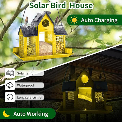 Solar Bird Feeders House for Outside Hanging, Metal Wild Bird Feeder for Outdoors, Large Cardinal Bird Feeder Birdhouses Squirrel Proof (Yellow)