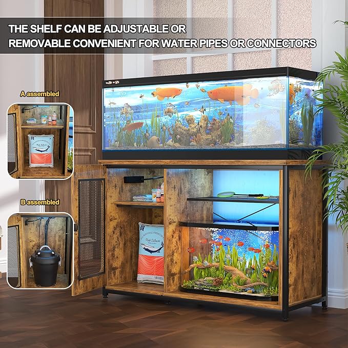 55-75 Gallon Fish Tank Stand with Power Outlets & LED Light, Reversible Heavy Duty Metal Aquarium Stand with Cabinet for Fish Tank Accessories Storage, Turtle/Reptile Terrariums, Rustic
